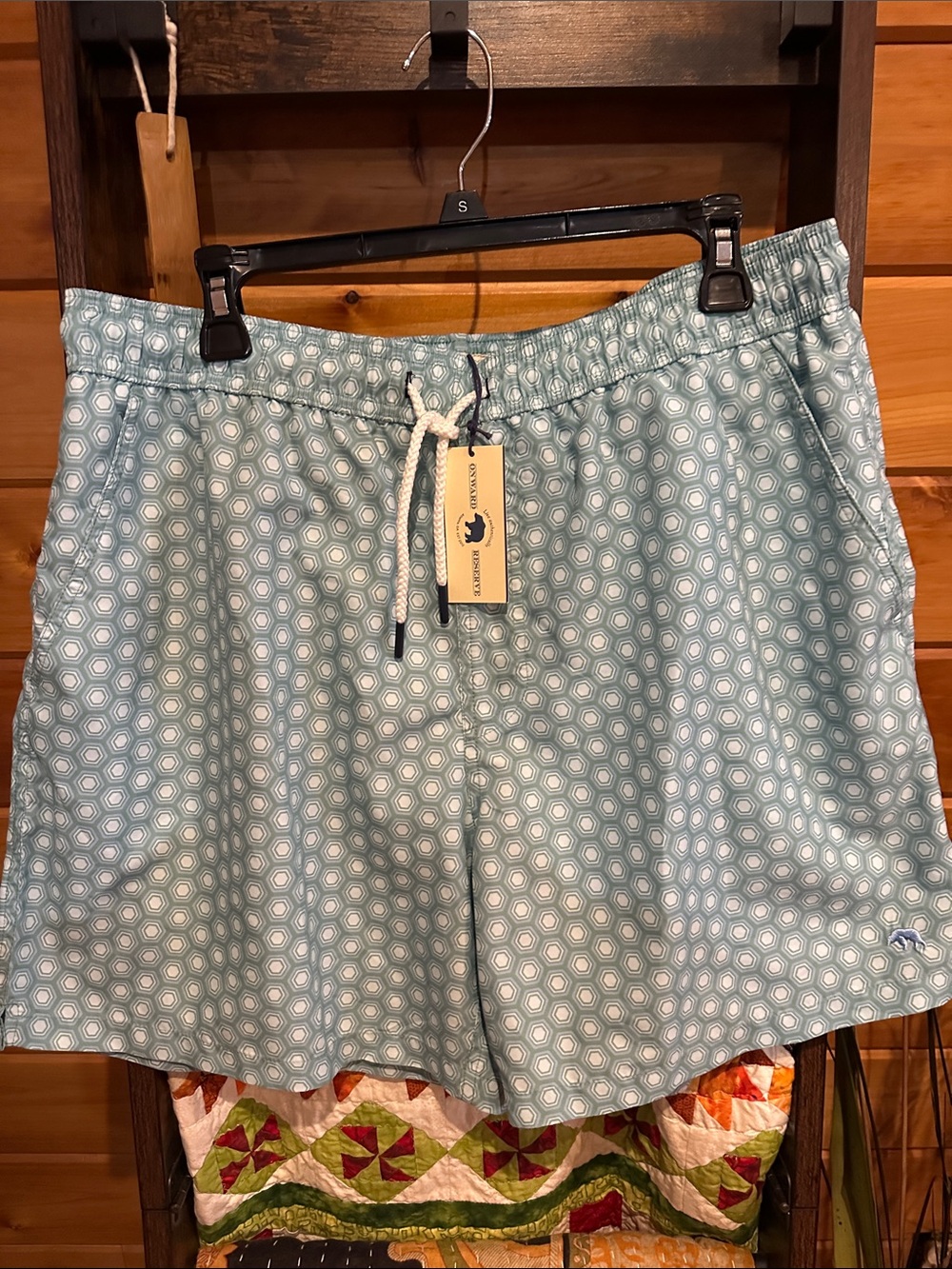 Men's Light Teal Geometric Swim Trunks with Drawstring